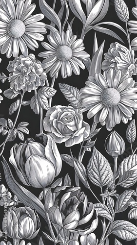 Wallpaper Mural Vector Wildflower floral botanical flowers. Wild spring leaf wildflower isolated. Black and white engraved ink art. Seamless background pattern. Fabric wallpaper print texture. Torontodigital.ca