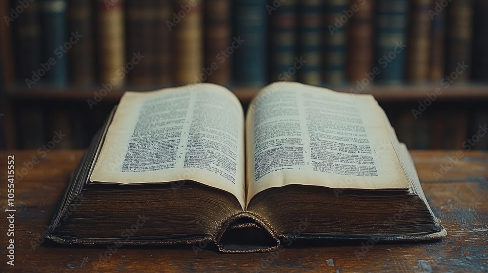 Open Antique Book with Text on a Wooden Table Open Antique Book with Text on a Wooden Table