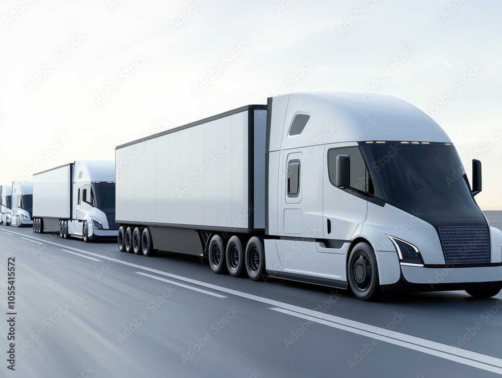 Electric trucks transporting goods on modern smart highway