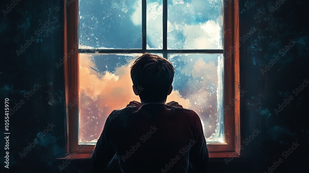 Fototapeta premium Contemplative boy gazing out of a window, lost in thought, surrounded by colorful clouds and atmospheric light.