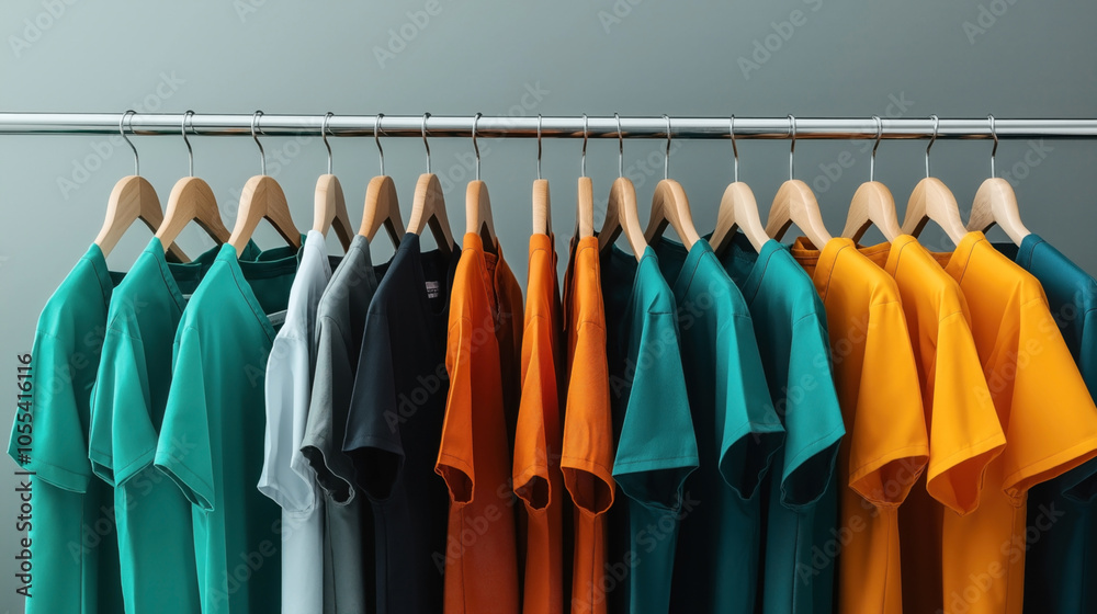 A row of colorful T-shirts in various shades hanging on wooden hangers on a metallic garment rack.