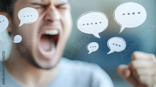 close up a sad person with aggressive speech bubbles around blur background, showing emotional harm from hate speech.