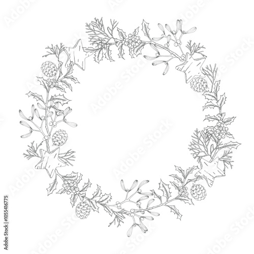 Isolated festive hand drawn Christmas wreath with star ornaments, holly berries, pinecones. Cedar tree branches and mistletoe. Holiday decor sketch engraving, hand drawn vector illustration, line art