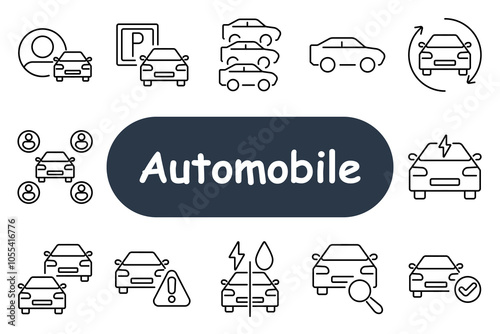 Automobile set icon. Car with user, parking sign, fleet, electric, shared with alert, electric and fuel car, inspected, approved. Best for auto industry, carsharing