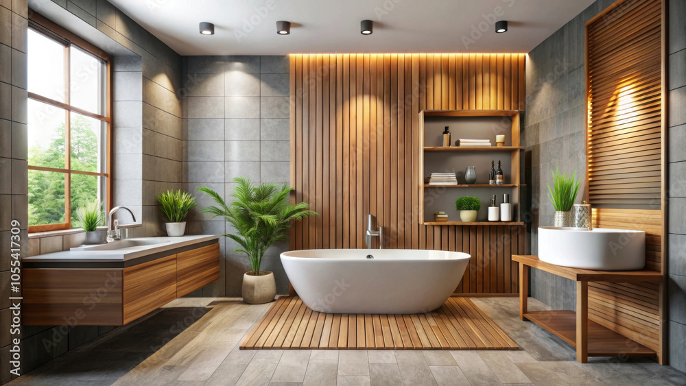 Fototapeta premium modern bathroom interior with white tub and wooden elements