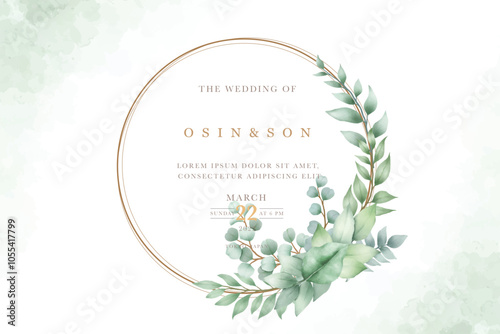 Green leaves watercolor wreath with golden frame
