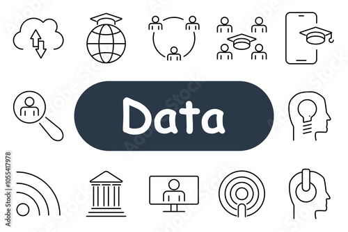 Data set icon. Global education, people network, magnifying glass, brain with ideas, Wi-Fi, laptop communication. Best for data analysis, e-learning, and networking