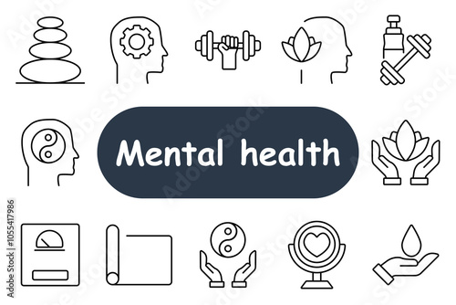 Mental health set icon. Brain with gear, weights, flower, meditation hands, scale, heart, and yoga mat. Ideal for wellness, mental fitness, and mindfulness