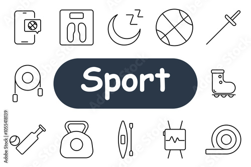 Sport set icon. Basketball, soccer ball, weights, jump rope, heart rate monitor, cricket bat, and kayaker. Ideal for physical fitness, sports, and exercise