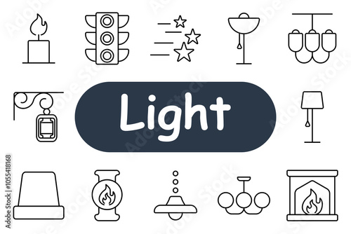 Light set icon. Candle, chandelier, lamp, traffic light, fireplace, and lantern. Ideal for lighting solutions, decoration, and energy use