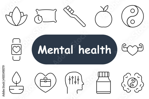 Mental health set icon. Lotus flower, sleep clock, toothbrush, apple, heart monitor, brain with circuits. Perfect for self-care, mental wellness, and healthy habits