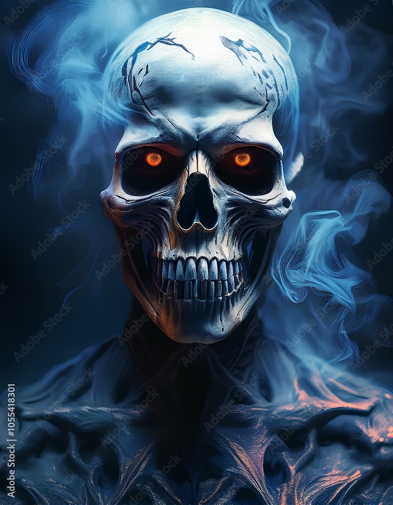skull human on black background with smoke, horror and halloween concept; scary make up; eyes glowing skull human on black background with smoke, horror and halloween concept; scary make up; eyes glowing