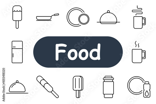 Food set icon. Popsicle, frying pan, dish, coffee mug, refrigerator, plate, hot drink. Suitable for culinary, kitchen, and dining themes