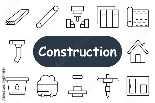 Construction set icon. Wooden plank, metal beam, tiles, drill, mining cart, building. Perfect for construction, industrial, and building materials themes