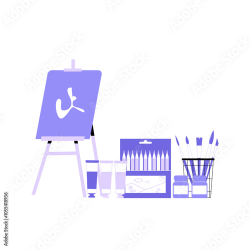 Art Supplies And Easel Setup In Flat Vector Illustration Symbolizing Creative Workspace, Studio Environment, And Artistic Tools, Isolated On White Background.