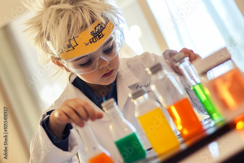 Curious young scientist in lab coat conducting colorful chemistry experiment photo