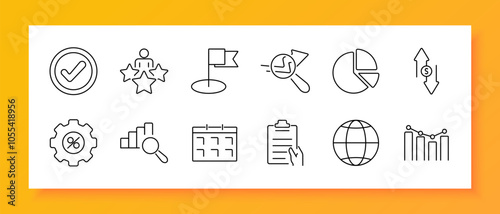 Business goals set icon. Checkmark, star rating, flag, deadline, pie chart, budget, percentage gear, bar chart, calendar, checklist, global reach, trend. Symbols representing goals, achievements