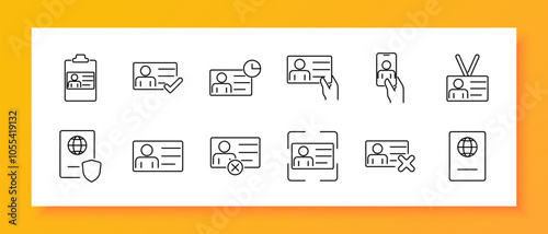 Identity and verification set icon. ID card with check, verified, expiration, holding , mobile , badge, passport, protected , rejected card