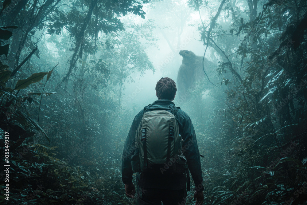 Adventurer faces mythical creature in foggy jungle: a journey through enchantment and discovery Adventurer faces mythical creature in foggy jungle: a journey through enchantment and discovery