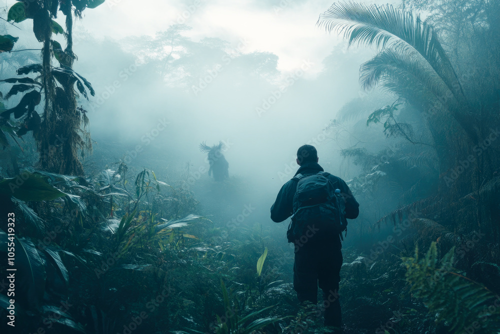 Mysterious jungle adventure with fog and encounter in dense rainforest Mysterious jungle adventure with fog and encounter in dense rainforest