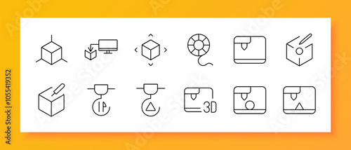 3D printing and modeling set icon. Cube model, computer setup, printer filament, software box, 3D pen, layer selection, printer bed, extruder nozzle, design icons for 3D printing, and digital modeling