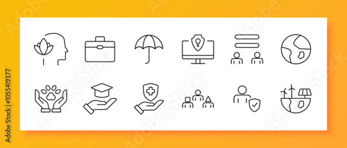 Social responsibility set icon. Mindfulness, briefcase, umbrella, cybersecurity, equality, global connection, animal care, education, healthcare, teamwork, user protection, sustainability