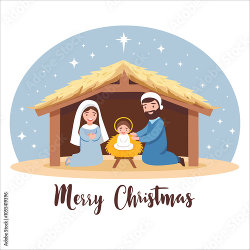 Merry Christmas, Nativity scene with Mary, Joseph and Jesus in manger. Christian Xmas vector illustration in cartoon style with Holy family and greeting text