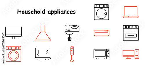 Household appliances set icon. Robot vacuum, dishwasher, refrigerator, stove, kitchen scale, air fryer, pressure cooker, projector. Best for home electronics and kitchen gadgets