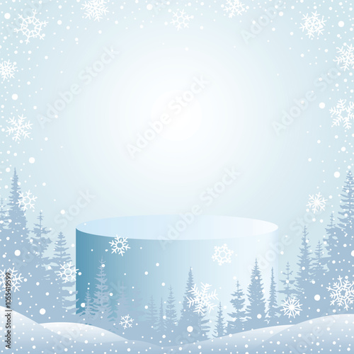 Product podium in a snowdrift against the backdrop of the winter landscape, Christmas sales