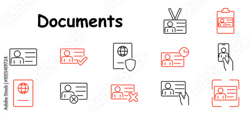 Documents set icon. ID card, passport, verification, expiration, shield, clipboard, profile, scan, approval, identity, access, rejection