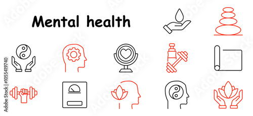 Mental health set icon. Balance, weights, mind, yin-yang, wellness, hydration, meditation, exercise, self-care, focus, peace, relaxation