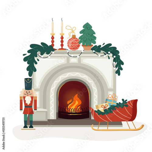 Modern fireplace with decor elements and carved iron fence, decorated for winter holidays. Cozy Christmas interior bonfire with nutcracker, gifts, candles inviting warm fire. Vector flat illustration