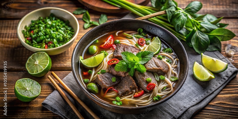 Delicious Beef Noodle Soup Garnished with Fresh Herbs and Lime - Culinary Delight in Drone Photography