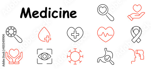 Medicine set icon. Virus, blood donation, heart care, pulse, awareness ribbon, eye check, hands holding heart, stomach health, temperature check