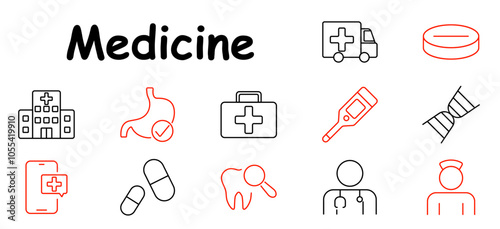 Medicine set icon. Hospital, stomach check, first aid kit, thermometer, ambulance, DNA, tooth, doctor, mobile health, capsules, medical staff