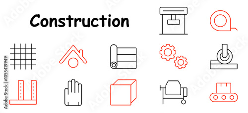 Construction set icon. Grid, house outline, blueprint, gears, roller, building frame, hand, block, cement mixer, conveyor