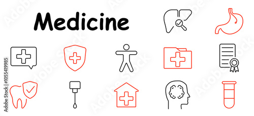 Medicine set icon. Medical chat, shield, human, liver check, stomach, tooth with shield, IV drip, medical center, brain health, test tube