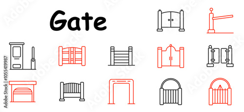 Gate set icon. Turnstile, garden gate, barrier, entrance, arched, bollards, ticket booth, security checkpoint, metal gate, archway, sliding gate
