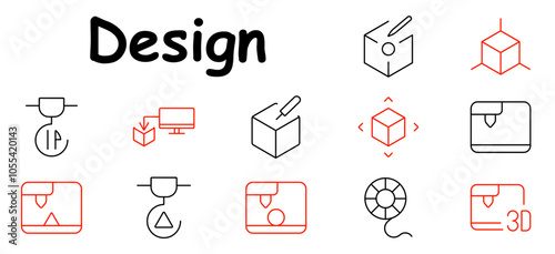 Design set icon. 3D printer, cube, pen, dimension arrows, monitor, extruder, filament reel, object.