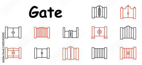 Gate set icon. Double doors, decorative, secure entrance, iron gate, sliding , archway, wooden, metal barrier