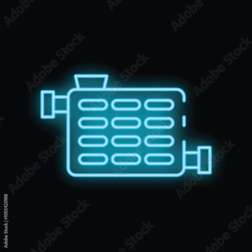 Blue neon icon representing a car radiator grille, a crucial component of the engine cooling system