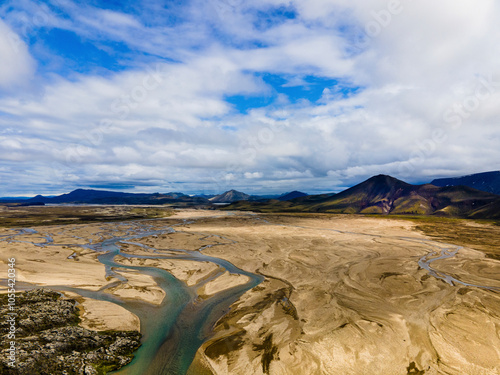 Aerial view of scenic river winding through beautiful mountains under a clear sky, Landmannalagur, Iceland. photo