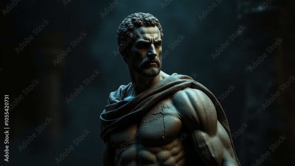 Detailed sculpture of a bearded man with defined muscles, captured with a banner stoic background, representing timeless strength. Detailed sculpture of a bearded man with defined muscles, captured with a banner stoic background, representing timeless strength.
