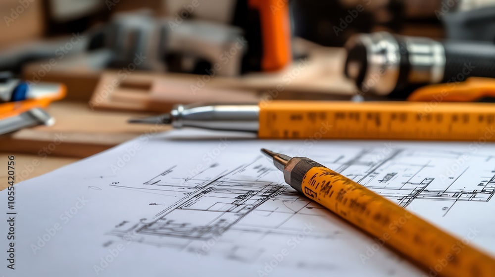 Close up of a pencil on an architectural blueprint. Close up of a pencil on an architectural blueprint.