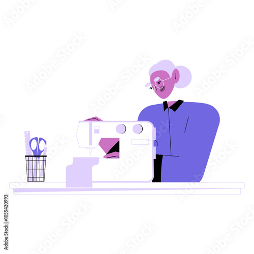 Elderly Woman Using Sewing Machine In Flat Vector Illustration Symbolizing Craftsmanship And Creativity, Isolated On White Background