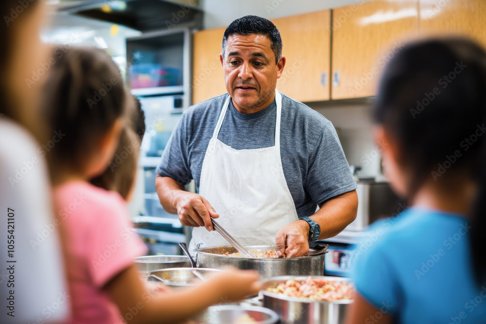 School cafeteria cook serving lunch to children in classroom setting School cafeteria cook serving lunch to children in classroom setting
