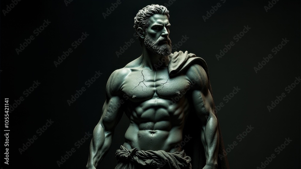 Fototapeta premium Sculpted male figure with a muscular physique and cloak, presented with a banner stoic background, evoking classical strength and composure.
