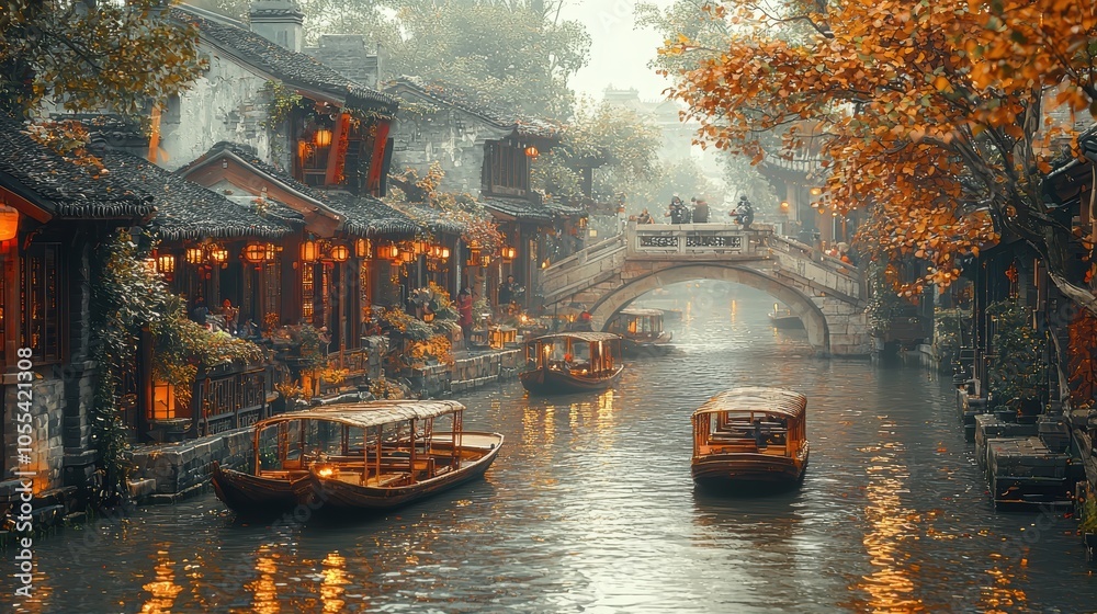 Obraz premium Water canal with stone bridge and boats.