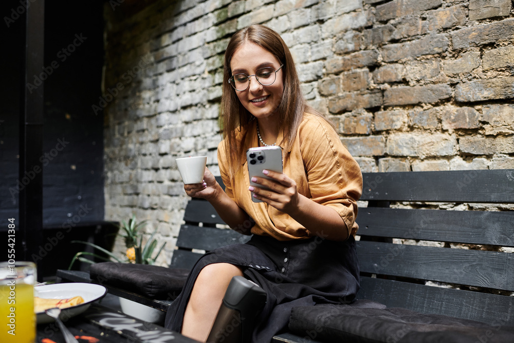 A young woman with an artificial limb smiles as she sips coffee and browses her phone in a charming cafe A young woman with an artificial limb smiles as she sips coffee and browses her phone in a charming cafe