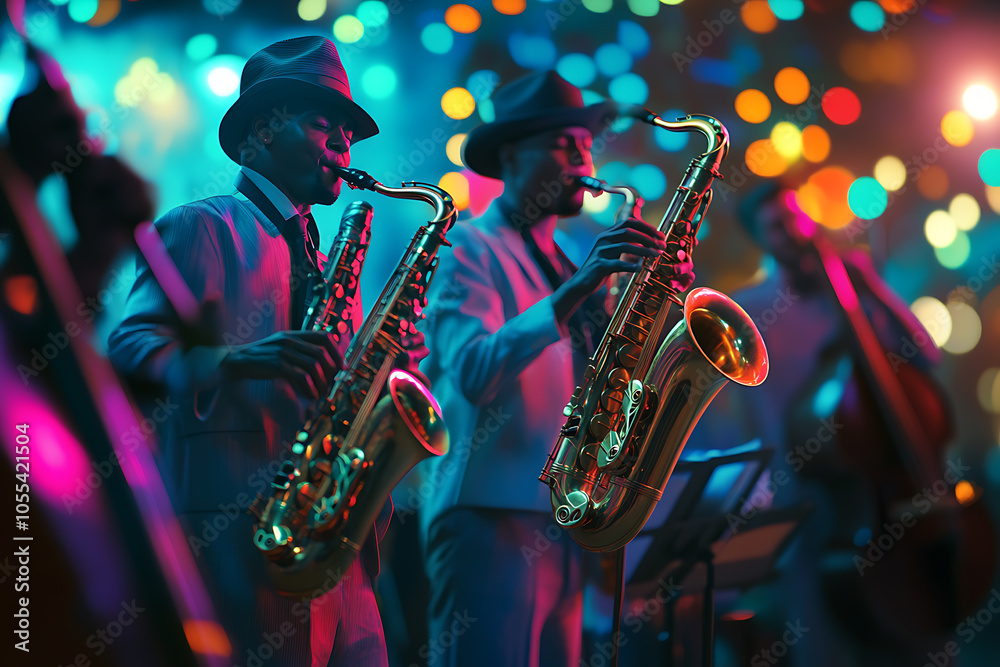 A vibrant and energetic scene captures the essence of an International Jazz Festival, with musicians passionately performing on stage under colorful light A vibrant and energetic scene captures the essence of an International Jazz Festival, with musicians passionately performing on stage under colorful light